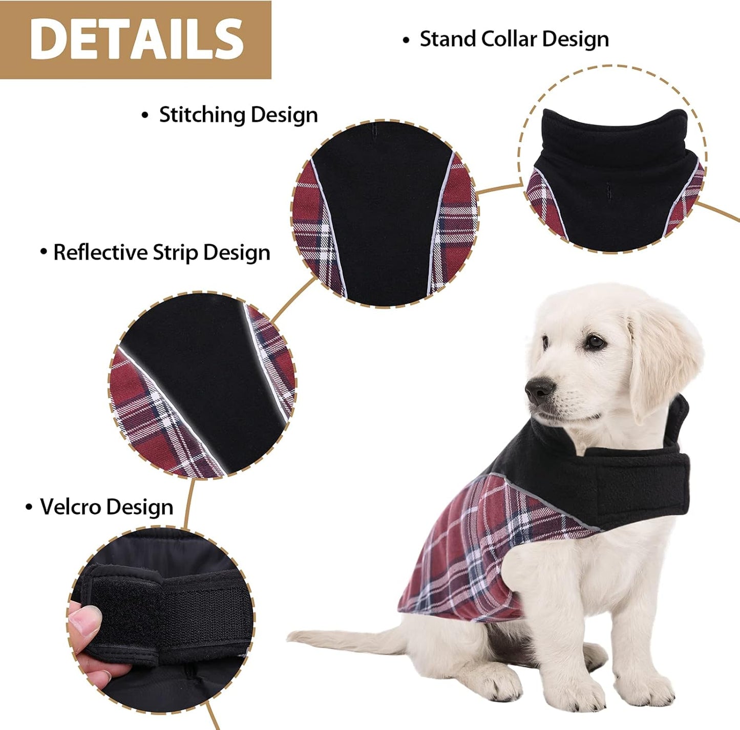 Dog Coat, Reversible & Adjustable Plaid Dog Winter Jacket with Reflective Strips, Waterproof Warm Pet Fleece Vest for Small Medium Large Doggies (Red, Medium)