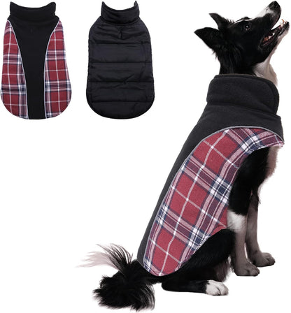 Dog Coat, Reversible & Adjustable Plaid Dog Winter Jacket with Reflective Strips, Waterproof Warm Pet Fleece Vest for Small Medium Large Doggies (Red, Medium)