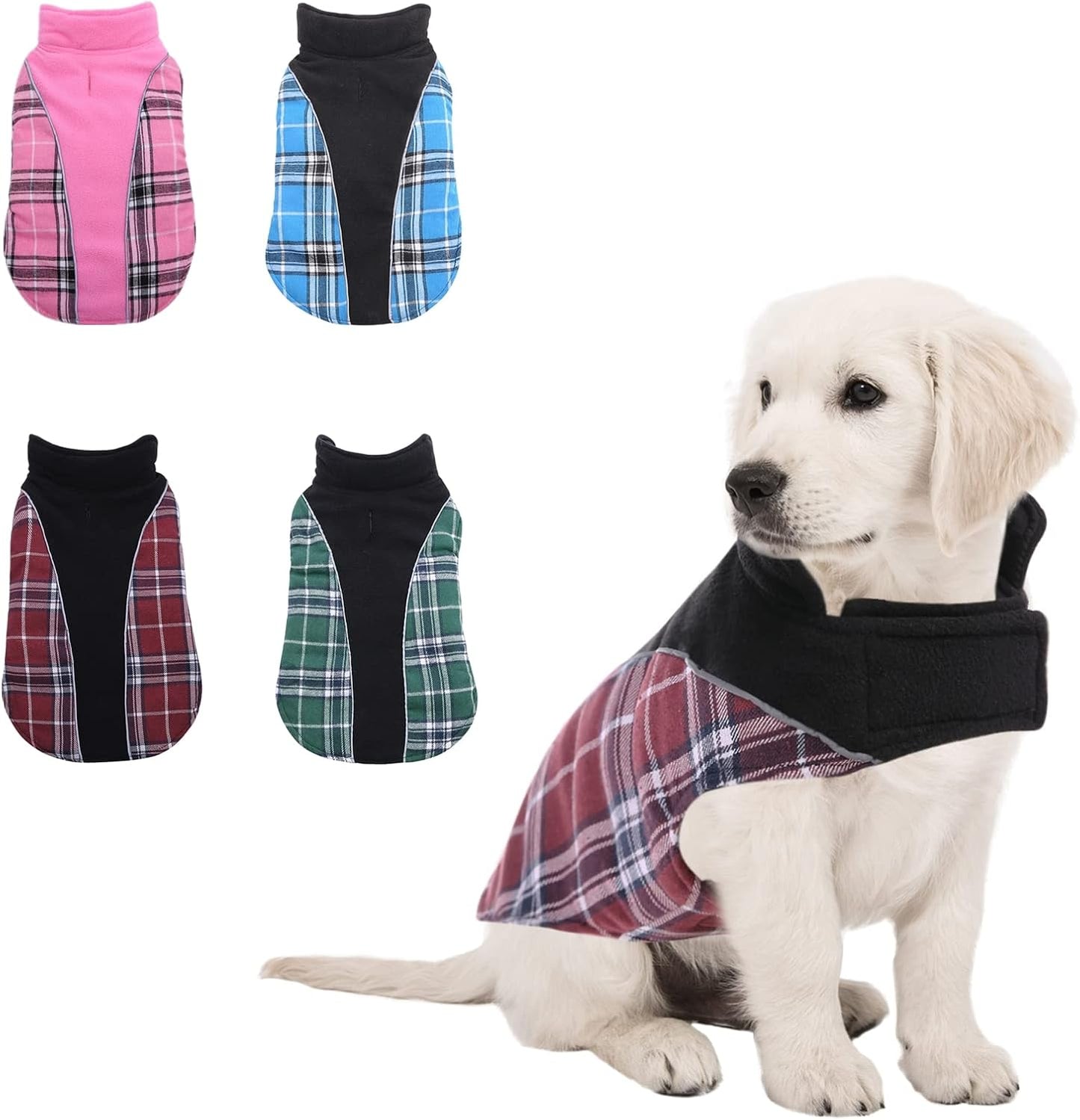 Dog Coat, Reversible & Adjustable Plaid Dog Winter Jacket with Reflective Strips, Waterproof Warm Pet Fleece Vest for Small Medium Large Doggies (Red, Medium)