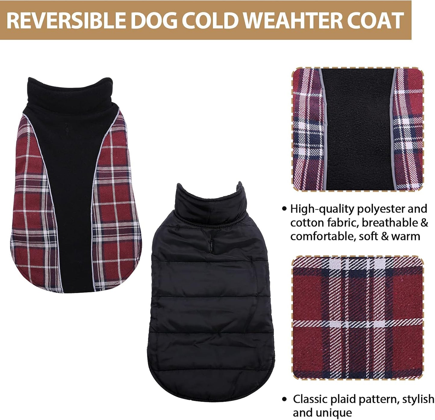 Dog Coat, Reversible & Adjustable Plaid Dog Winter Jacket with Reflective Strips, Waterproof Warm Pet Fleece Vest for Small Medium Large Doggies (Red, Medium)